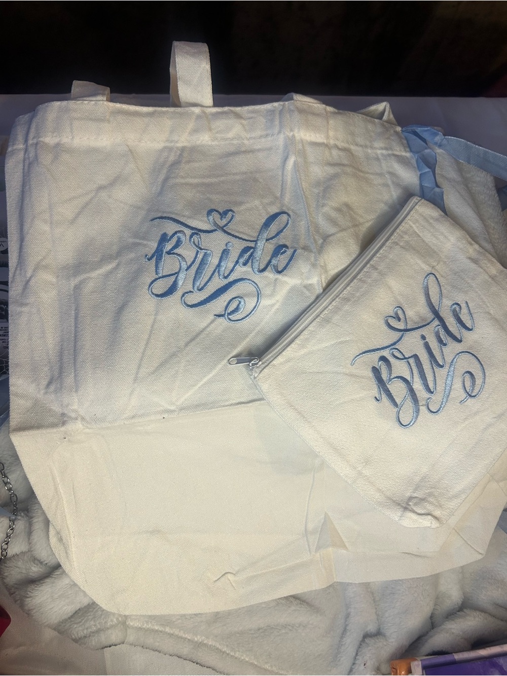 White 'Bride' Embroidered Tote and Zip Pouch Set - Bridal Accessory